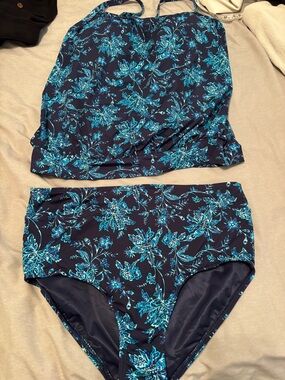 Lands' End Navy and Teal Floral Swim Tankini Set